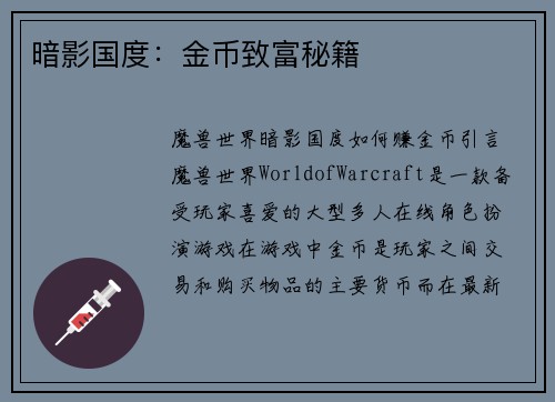 暗影国度：金币致富秘籍